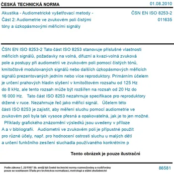 ČSN EN ISO 8253-2 - Akustika - Audiometrické vyšetřovací metody - Část 2: Audiometrie ve zvukovém poli čistými tóny a úzkopásmovými měřicími signály - Tisk