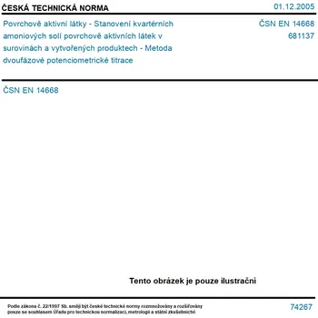 ČSN EN 14668 - Povrchově aktivní látky - Stanovení kvartérních amoniových solí povrchově aktivních látek v surovinách a vytvořených produktech - Metoda dvoufázové potenciometrické titrace - Tisk