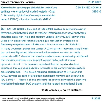 ČSN EN IEC 62488-3 - Komunikační systémy po elektrickém vedení pro aplikace v energetických společnostech - Část 3: Terminály digitálního přenosu po elektrickém vedení (DPLC) a hybridní terminály ADPLC - Tisk