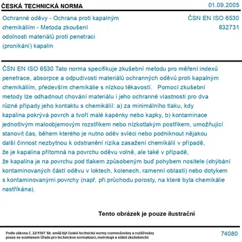 ČSN EN ISO 6530 - Ochranné oděvy - Ochrana proti kapalným chemikáliím - Metoda zkoušení odolnosti materiálů proti penetraci (pronikání) kapalin - Tisk