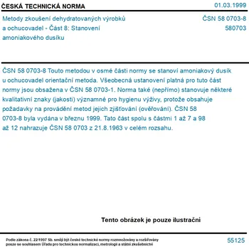 ČSN 58 0703-8 - Metody zkoušení dehydratovaných výrobků a ochucovadel - Část 8: Stanovení amoniakového dusíku - Tisk