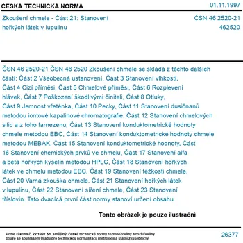 ČSN 46 2520-21 - Zkoušení chmele - Část 21: Stanovení hořkých látek v lupulinu - Tisk