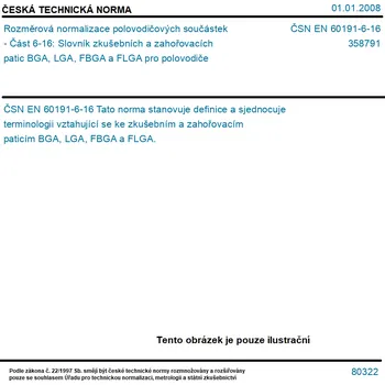 ČSN EN 60191-6-16 - Rozměrová normalizace polovodičových součástek - Část 6-16: Slovník zkušebních a zahořovacích patic BGA, LGA, FBGA a FLGA pro polovodiče - Tisk