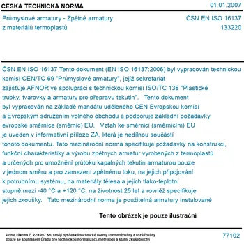 ČSN EN ISO 16137 - Průmyslové armatury - Zpětné armatury z materiálů termoplastů - Tisk