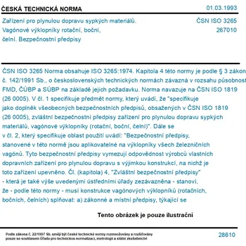 ČSN ISO 3265 - Zařízení pro plynulou dopravu sypkých materiálů. Vagónové výklopníky rotační, boční, čelní. Bezpečnostní předpisy - Tisk