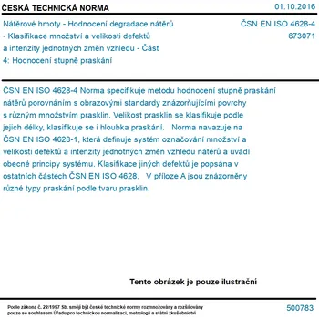 ČSN EN ISO 4628-4 - Nátěrové hmoty - Hodnocení degradace nátěrů - Klasifikace množství a velikosti defektů a intenzity jednotných změn vzhledu - Část 4: Hodnocení stupně praskání - Tisk