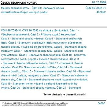 ČSN 46 7092-31 - Metody zkoušení krmiv - Část 31: Stanovení indexu rozpustnosti mléčných krmných směsí - Tisk