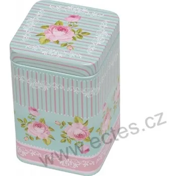 Dóza na potraviny BELLA světle modrá plechová dóza na čaj 3392 s růžemi a ornamenty