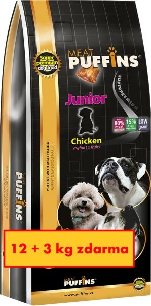 PUFFINS JUNIOR superpremiové krmivo pro psy s masovou náplní 12+3kg zdarma