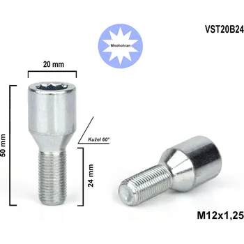 Šroubek na kolo Kolový šroub M12x1,25x24 kužel s vnitřním mnohohranem, VST20B24, průměr hlavy 20mm, výška 50 mm