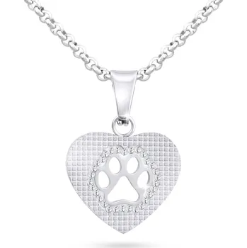 Řetízek biju Řetízek z chirurgické oceli s přívěskem, psí tlapka umístěna v srdci se zirkony 3001551