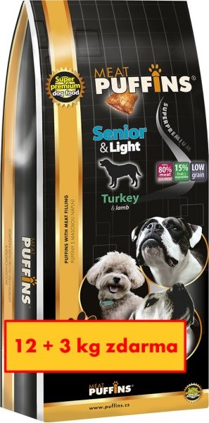 PUFFINS SENIOR superpremiové krmivo pro psy s masovou náplní 12+3kg zdarma