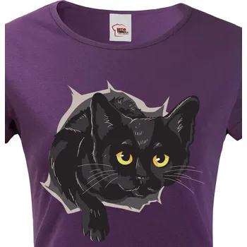 Dámské triko s černou kočkou, Barva Fialová Bezvatriko.cz 1200 - DTF/DTG
