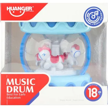 Hudební nástroj pro děti Baby bubínek modrý s koníky s funkcemi na baterie pro miminko Světlo Zvuk