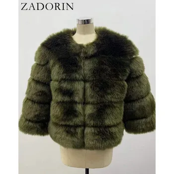 Dámská parka Dámský kožich zimní bunda chlupatý s 3/4 rukávy Barva: Tmavě Zelená, Velikost: L