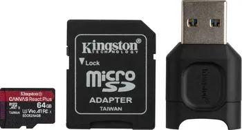 Paměťová karta Kingston Canvas React Plus MicroSDXC 64 GB UHS-II V90 (MLPMR2/64GB) + adaptér + čtečka