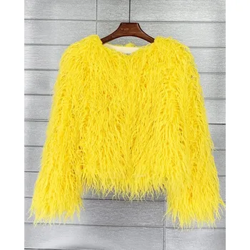 Dámský kožich Boho kožich bunda kožešinová s dlouhým rukávem Barva: Žlutá, Velikost: 3XL