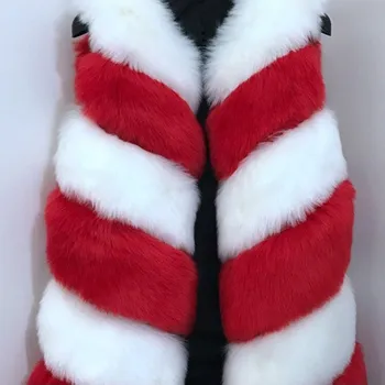 Dámská vesta Dlouhá vesta kožešinová vícebarevný kožich s pruhy Barva: Červená, Velikost: 2XL