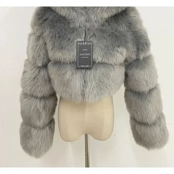 Dámský kožich Krátký chlupatý kožich s dlouhým rukávem Barva: Šedá, Velikost: M