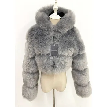 Dámský kožich Crop kožich s kapucí krátká kožešinová bunda Barva: Šedá, Velikost: L