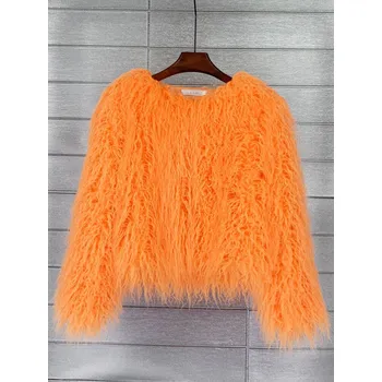 Dámský kožich Boho kožich bunda kožešinová s dlouhým rukávem Barva: Oranžová, Velikost: M