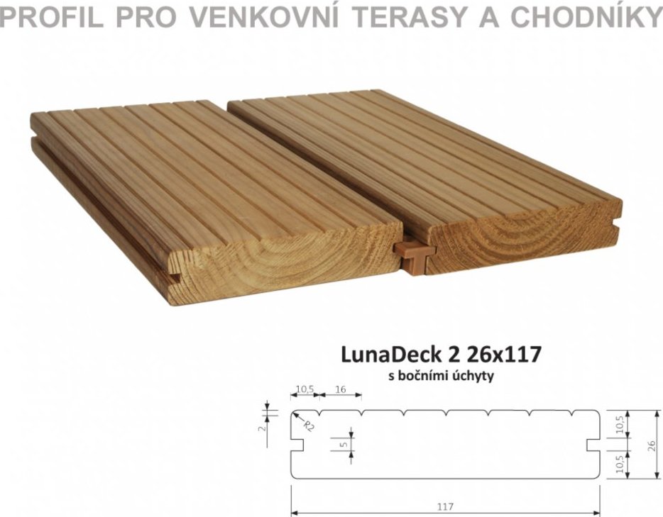 Thermowood borovice LunaDeck 2 26x117 s bočními úchyty 4,8 m