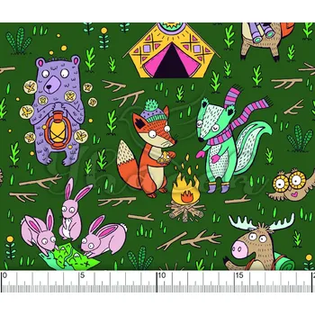 Zakázkový tisk, softshell, kočárkovina... Kempující zvířátka na zelené Látky k tisku: Microfirba