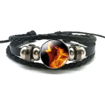 Náramek Jewelry Kožený náramek s vyměnitelným přívěškem - motiv hlavy vyjícího vlka Ohnivá