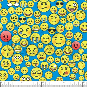 Zakázkový tisk, softshell, kočárkovina... Smajlíci na modré Látky k tisku: Microfirba