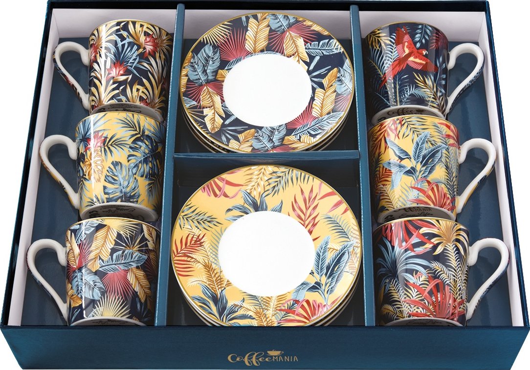 Easy Life Set 6 Tazzine Caffè 100 Ml, In Porcellana Con Piattino In Gift Box Geometrical Loop