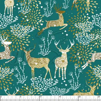 Zakázkový tisk, softshell, kočárkovina... Zlatí jelínci na petrolejové Látky k tisku: Microfirba