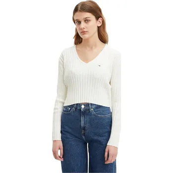 Dámský svetr TOMMY HILFIGER DÁMSKÝ SVETR TJW REG RIB VNECK SWEATER ECRU DW0DW14253 YBL Velikost: M