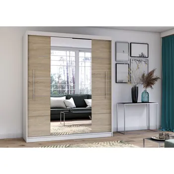 Šatní skříň Eoshop Šatní skříň Cori 204 cm se zrcadlem, Bílá / Dub sonoma se zrcadlem, bez osvětlení