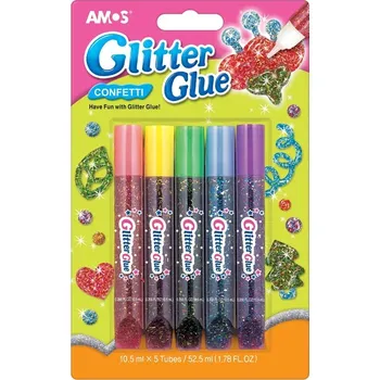 Speciální výtvarná barva Glitrové lepidlo s konfetami 5 x 10,5 ml 1515 AMOS (Glitrové lepidlo k barvám na sklo s konfetami 5x10,5ml. Úžasné třpytivé zdobení. Bezpečné, netoxické, možno aplikovat na sklo, látky, papír, dřevo apod. Katalogové číslo: 1515.)