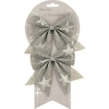 Mašle jutová šedá se stříbrnými hvězdami 13 cm, 2 ks