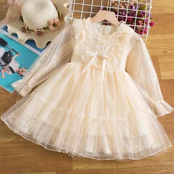 Dívčí oblečení Čína Dívčí sváteční síťované šaty s krajkou, volánky a mašlí v pase Barva: Žlutá, Velikost: 130/6T