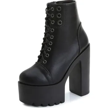 Dámské kozačky Šněrovací chunky boty na vysokém podpatku GoodDayGirl Barva: Černá, Velikost: 36