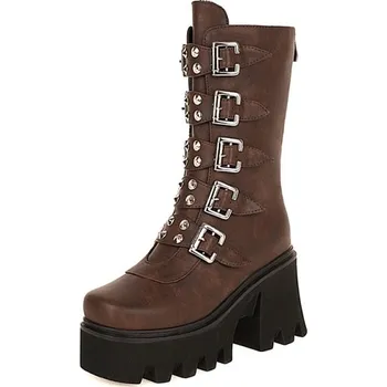 Dámské polobotky Masivní polokozačky s ozdobnými pásky GoodDayGirl Fashion Barva: Hnědá, Velikost: 36