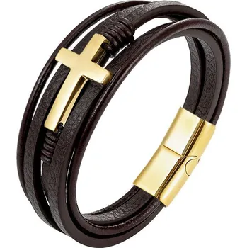 Náramek Amparo Miranda® Kožený náramek Gold Cross S150 hnědý