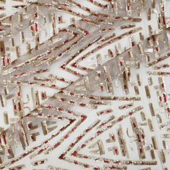 Tyl světle béžový, zlato-červená flitrová výšivka, š.150