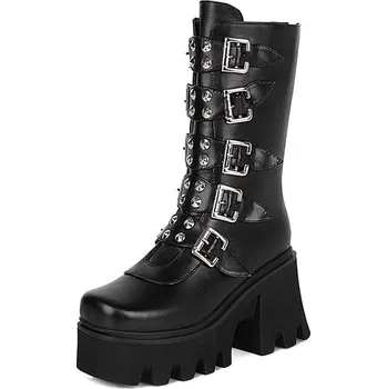 Dámské polobotky Masivní polokozačky s ozdobnými pásky GoodDayGirl Fashion Barva: Černá, Velikost: 41