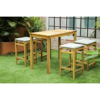 Zahradní sestava Venkovní barový set stolu a 4 židlí masivní dřevo akácie, na terasu / balkon, šedé polstry
