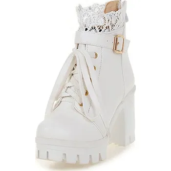 Dámské kozačky Stylové kotníkové boty na podpatku s krajkou Barva: Bílá, Velikost: 36