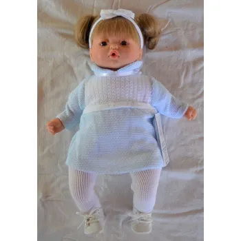 Panenka Realistická plačící panenka - Blaženka v modro-bílých pletených šatech od španělské firmy Marina & Pau (Pitus Winter - 40 cm - balená v sáčku)