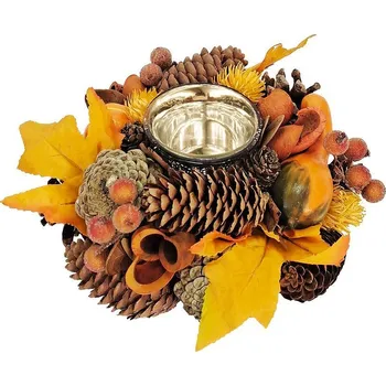 Svícen Ikebana na svíčku Nature, podzimní, oranžová, s listím