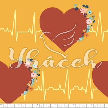 Zakázkový tisk, softshell, kočárkovina... EKG s květy na hořčicové Látky k tisku: Microfirba