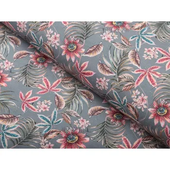 Dekorační látka PML-043 Tropické květy na šedém - šířka 150 cm