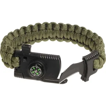 Vybavení pro přežití Paracord náramek s kompasem, nožem a píšťalkou oliva (taktický náramek k přežití)