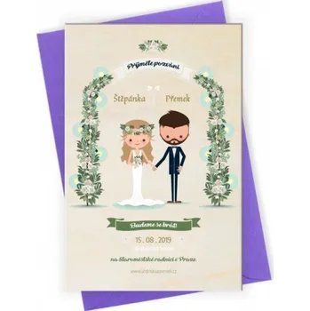 Svatební dekorace Svatební oznámení kreslený pár pod branou