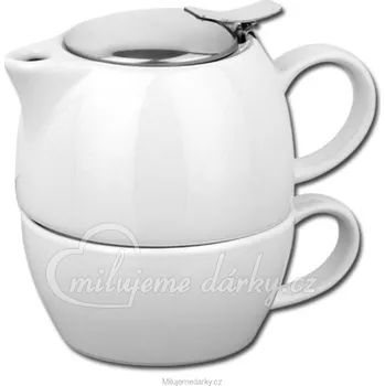 Konvice na čaj 24ks Bílá keramická konvička se šálkem a vloženým sítkem na sypaný čaj 2 v 1